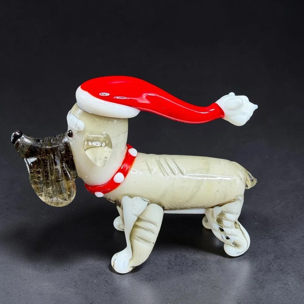 Pier 1 Blown Glass Schnauzer Dog Figurine Santa Hat Christmas Holiday 3 Inch